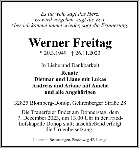 Anzeige  Werner Freitag  Lippische Landes-Zeitung