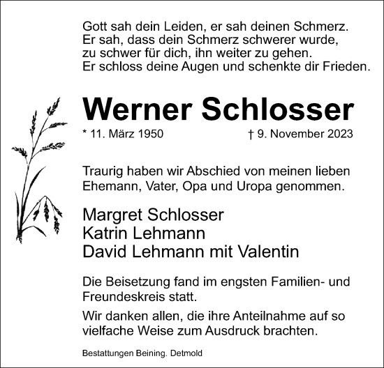 Anzeige  Werner Schlosser  Lippische Landes-Zeitung