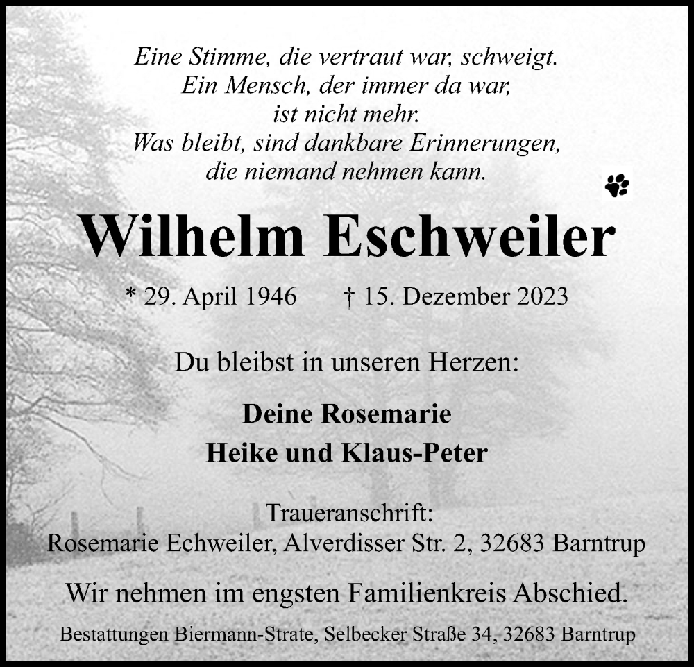  Traueranzeige für Wilhelm Eschweiler vom 23.12.2023 aus Lippische Landes-Zeitung
