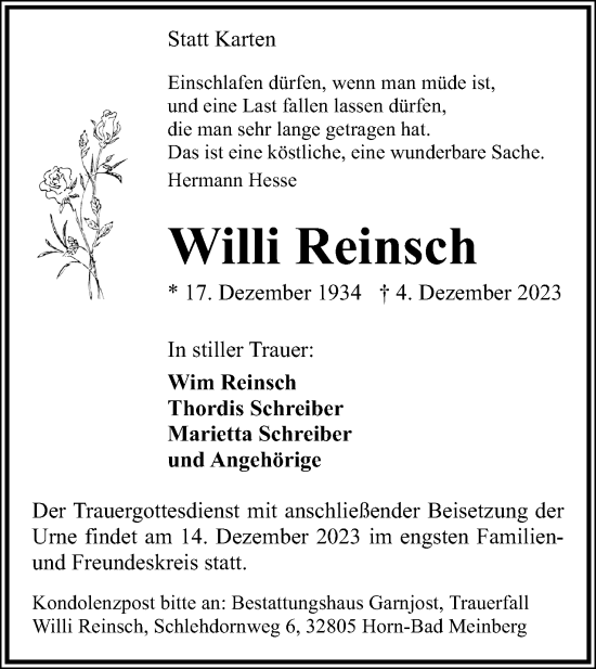 Anzeige  Willi Reinsch  Lippische Landes-Zeitung