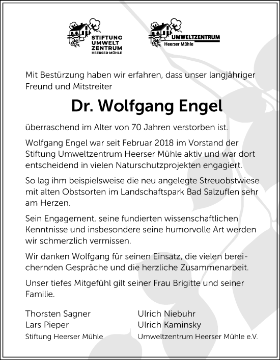 Anzeige  Wolfgang Engel  Lippische Landes-Zeitung