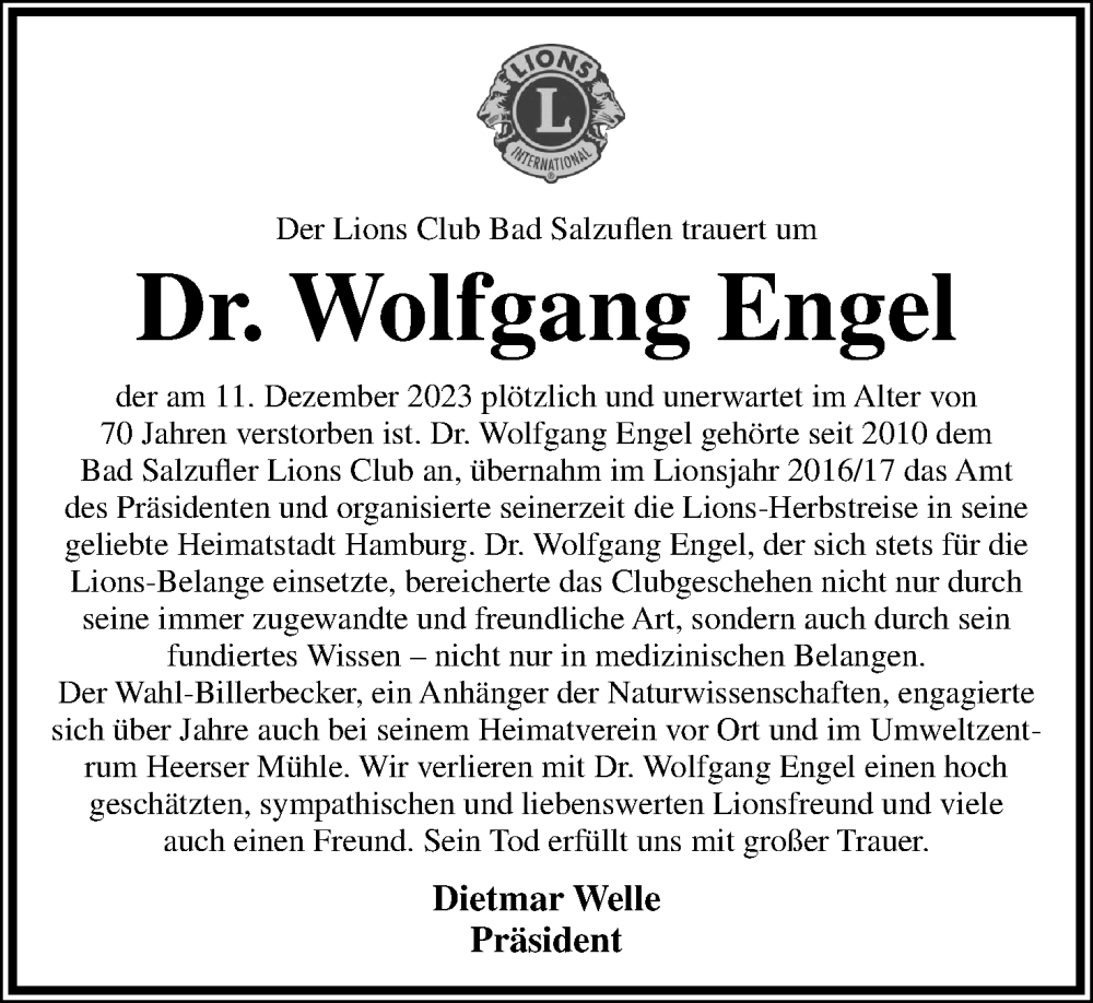  Traueranzeige für Wolfgang Engel vom 16.12.2023 aus Lippische Landes-Zeitung