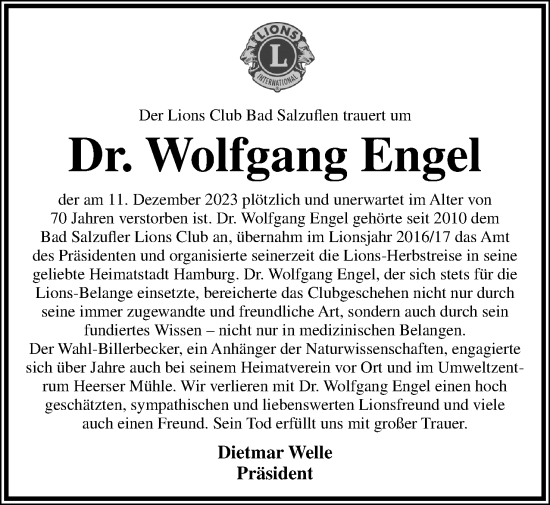 Anzeige  Wolfgang Engel  Lippische Landes-Zeitung