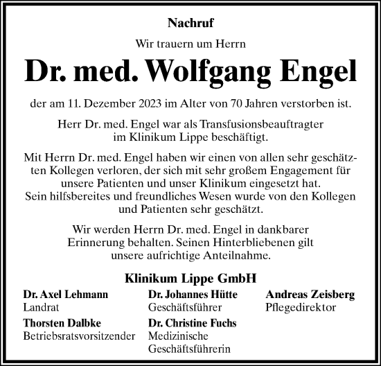 Anzeige  Wolfgang Engel  Lippische Landes-Zeitung