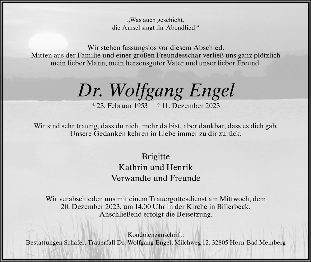  Traueranzeige für Wolfgang Engel vom 16.12.2023 aus Lippische Landes-Zeitung