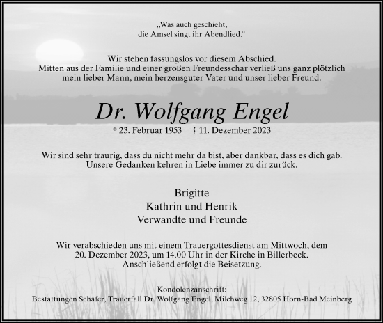 Anzeige  Wolfgang Engel  Lippische Landes-Zeitung
