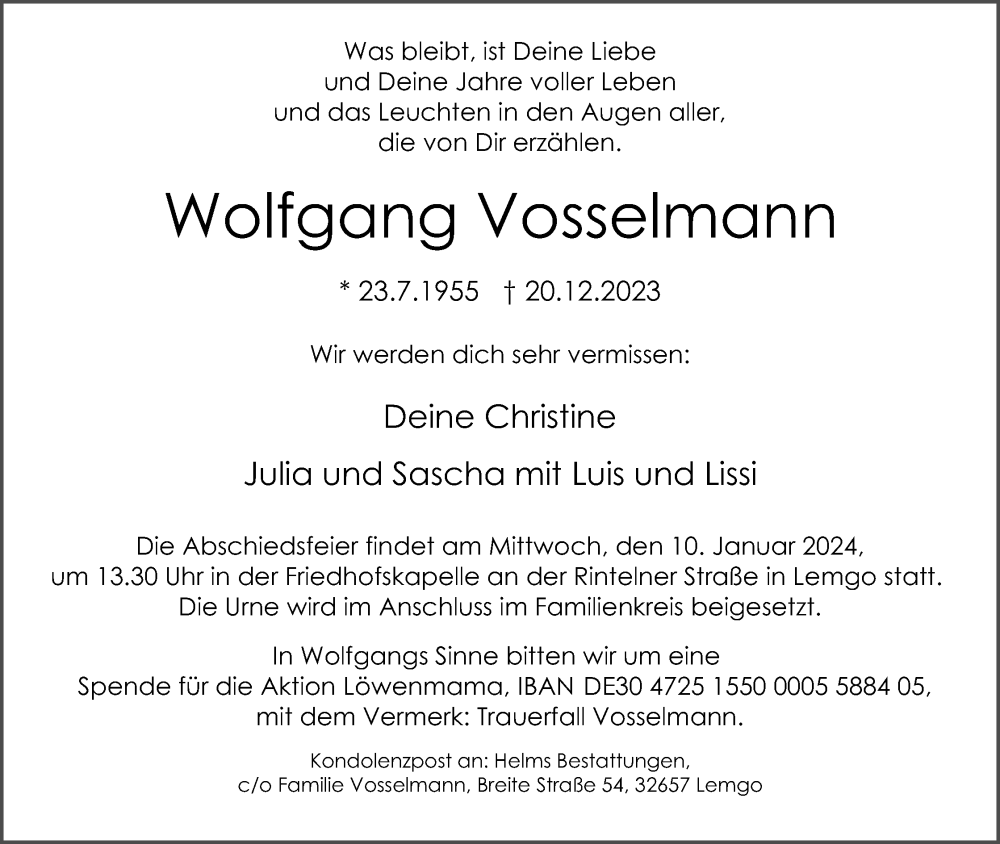 Traueranzeige für Wolfgang Vosselmann vom 23.12.2023 aus Lippische Landes-Zeitung
