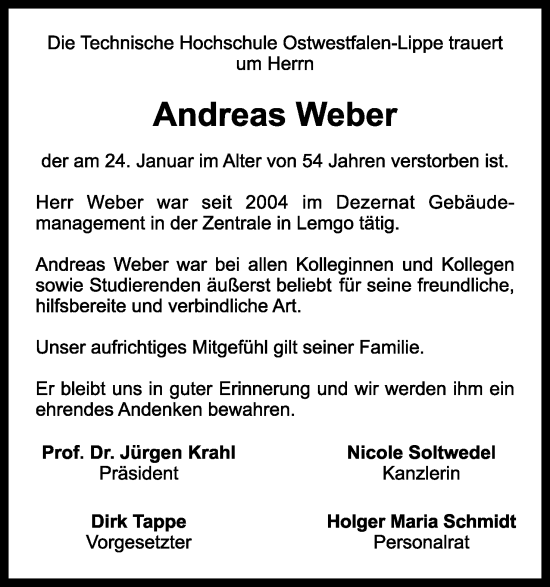 Anzeige  Andreas Weber  Lippische Landes-Zeitung