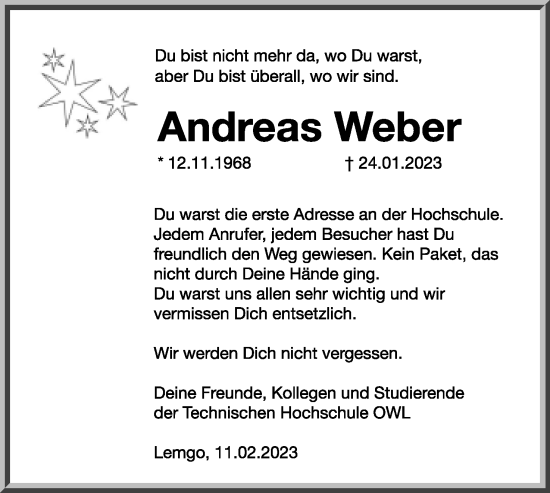 Anzeige  Andreas Weber  Lippische Landes-Zeitung