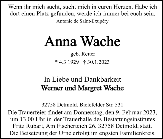 Anzeige  Anna Wache  Lippische Landes-Zeitung