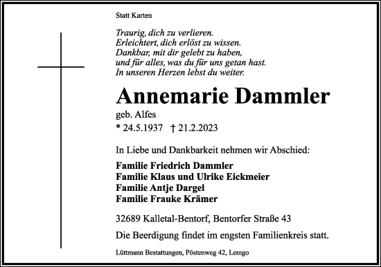 Anzeige  Annemarie Dammler  Lippische Landes-Zeitung