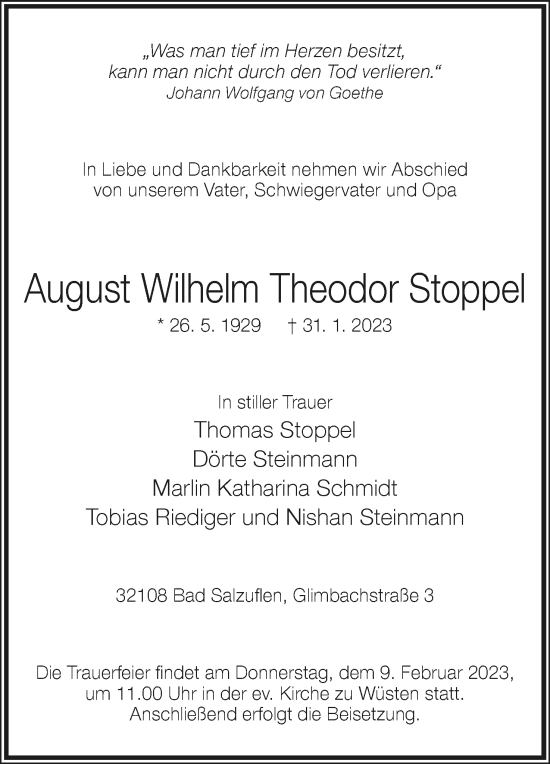 Anzeige  August Wilhelm Theodor Stoppel  Lippische Landes-Zeitung