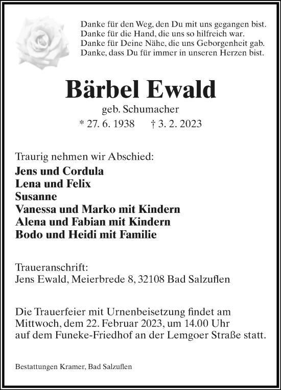 Anzeige  Bärbel Ewald  Lippische Landes-Zeitung