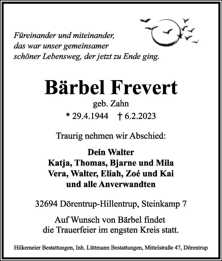  Traueranzeige für Bärbel Frevert vom 11.02.2023 aus Lippische Landes-Zeitung