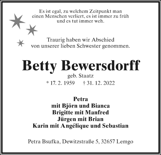 Anzeige  Betty Bewersdorff  Lippische Landes-Zeitung