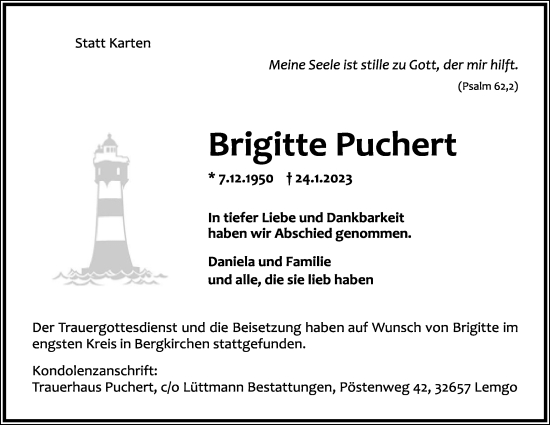 Anzeige  Brigitte Puchert  Lippische Landes-Zeitung