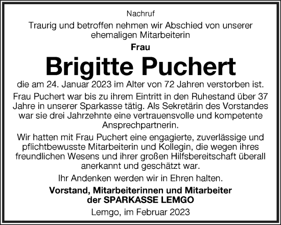 Anzeige  Brigitte Puchert  Lippische Landes-Zeitung
