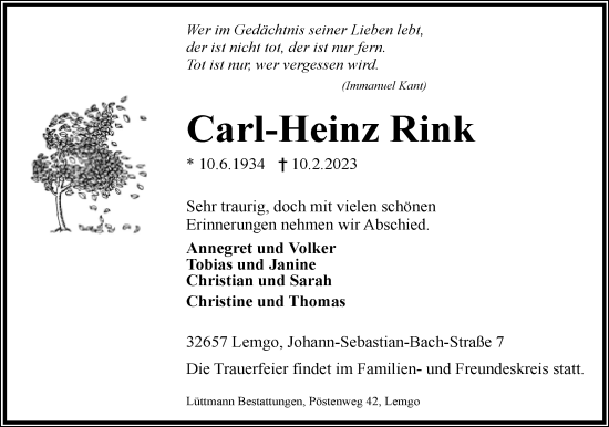 Anzeige  Carl-Heinz Rink  Lippische Landes-Zeitung