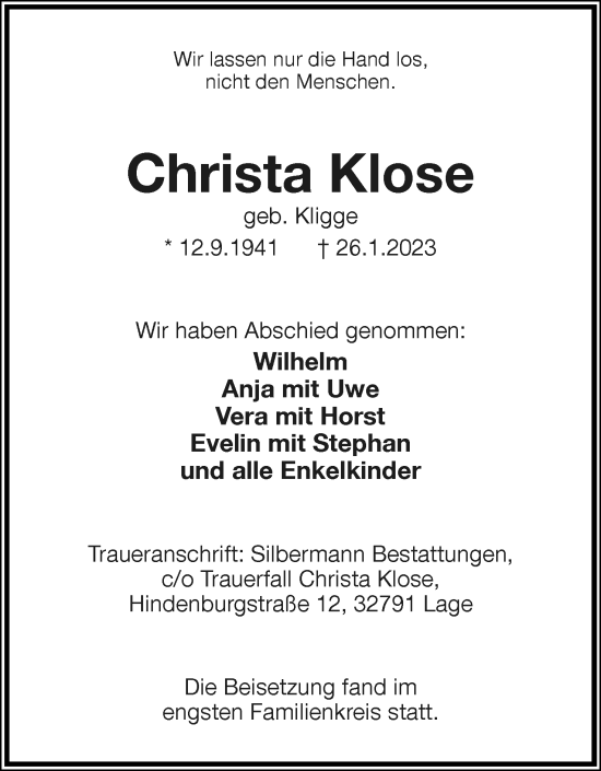 Anzeige  Christa Klose  Lippische Landes-Zeitung