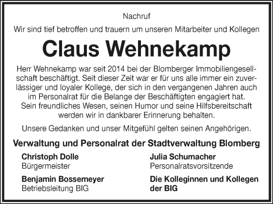 Anzeige  Claus Wehnekamp  Lippische Landes-Zeitung