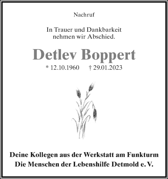 Anzeige  Detlev Boppert  Lippische Landes-Zeitung