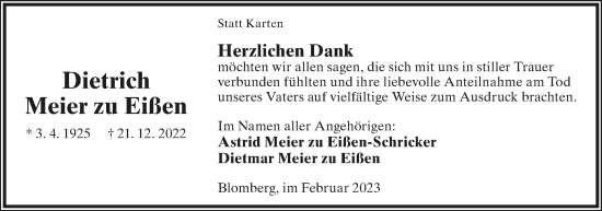 Anzeige  Dietrich Meier zu Eißen  Lippische Landes-Zeitung