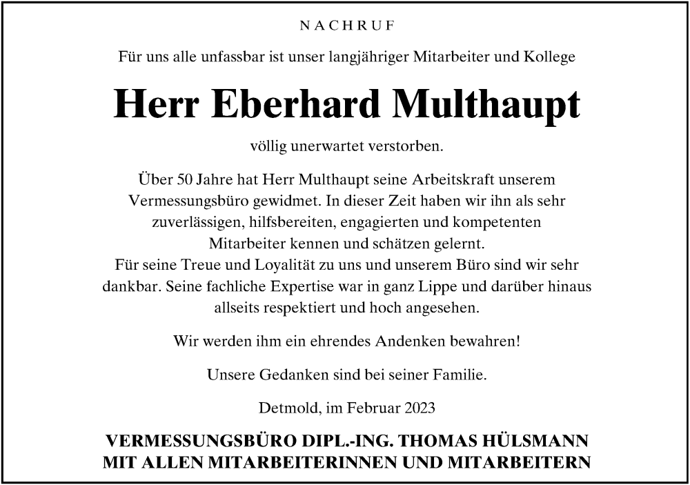  Traueranzeige für Eberhard Fritz Multhaupt vom 18.02.2023 aus Lippische Landes-Zeitung