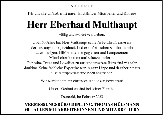 Anzeige  Eberhard Fritz Multhaupt  Lippische Landes-Zeitung