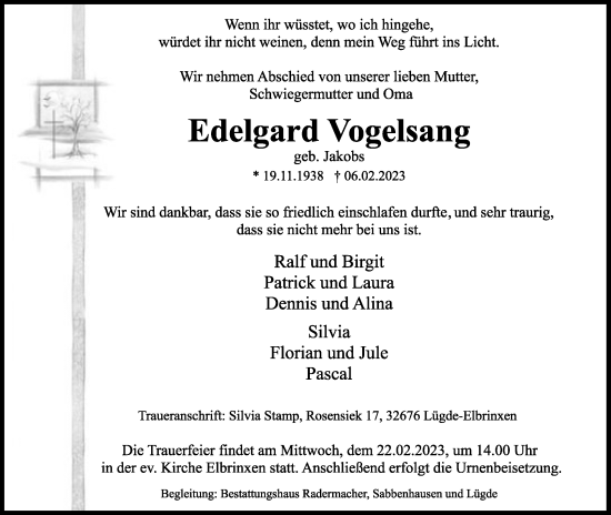 Anzeige  Edelgard Vogelsang  Lippische Landes-Zeitung