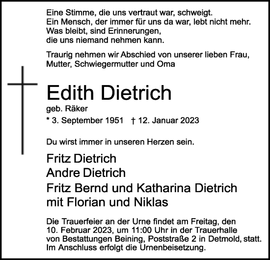 Anzeige  Edith Dietrich  Lippische Landes-Zeitung