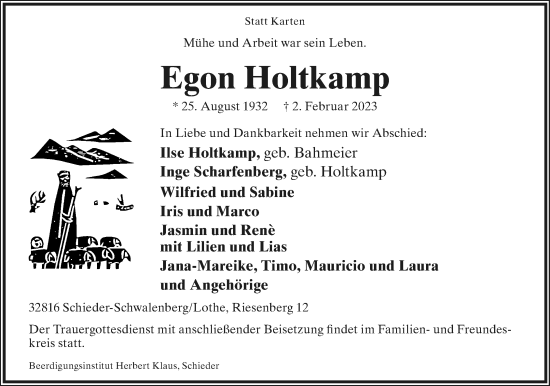 Anzeige  Egon Holtkamp  Lippische Landes-Zeitung