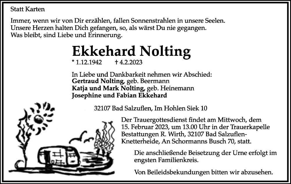  Traueranzeige für Ekkehard Nolting vom 11.02.2023 aus Lippische Landes-Zeitung