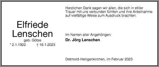 Anzeige  Elfriede Lenschen  Lippische Landes-Zeitung