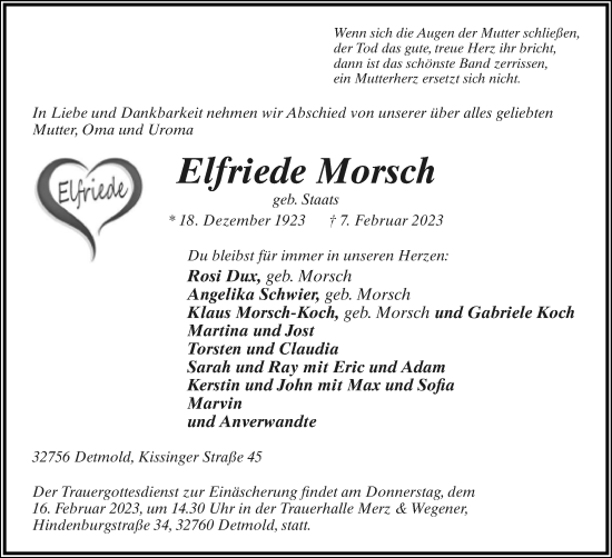 Anzeige  Elfriede Morsch  Lippische Landes-Zeitung