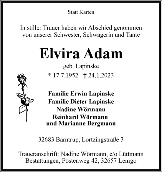 Anzeige  Elvira Adam  Lippische Landes-Zeitung