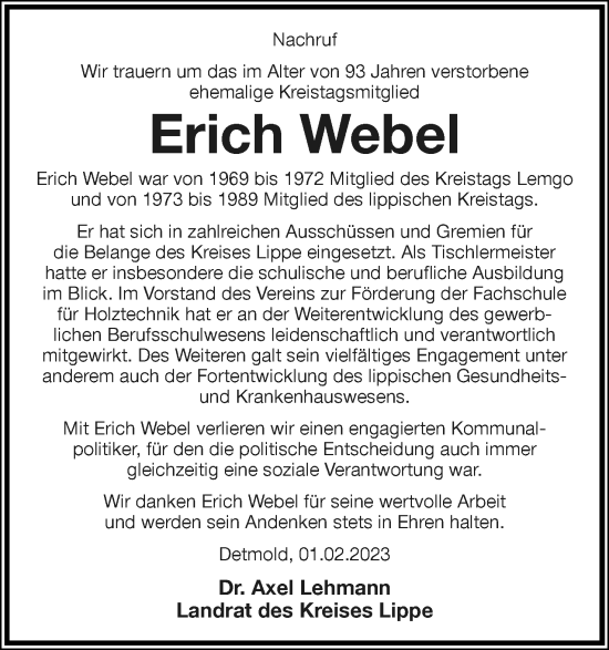 Anzeige  Erich Webel  Lippische Landes-Zeitung