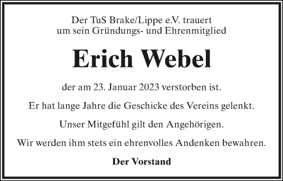Anzeige  Erich Webel  Lippische Landes-Zeitung