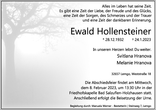 Anzeige  Ewald Hollensteiner  Lippische Landes-Zeitung