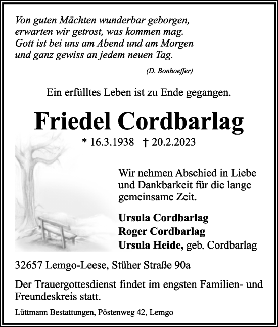 Anzeige  Friedel Cordbarlag  Lippische Zeitung