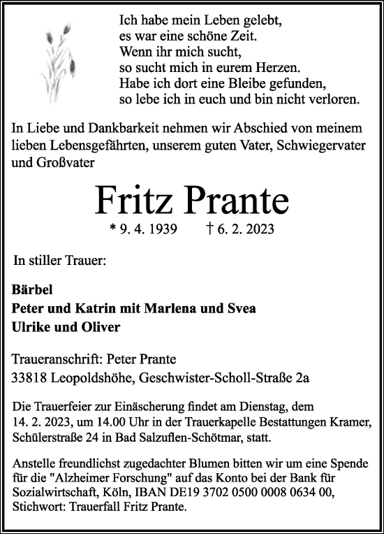Anzeige  Fritz Prante  Lippische Landes-Zeitung