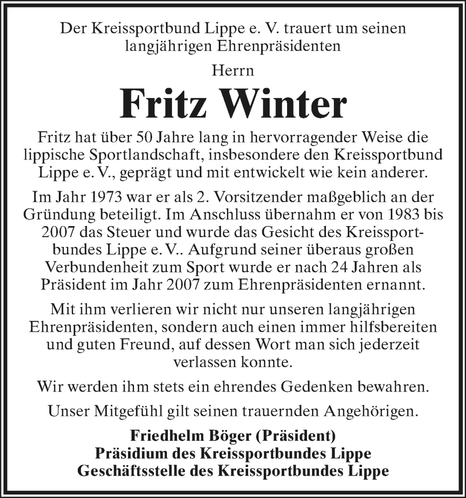  Traueranzeige für Fritz Winter vom 18.02.2023 aus Lippische Landes-Zeitung
