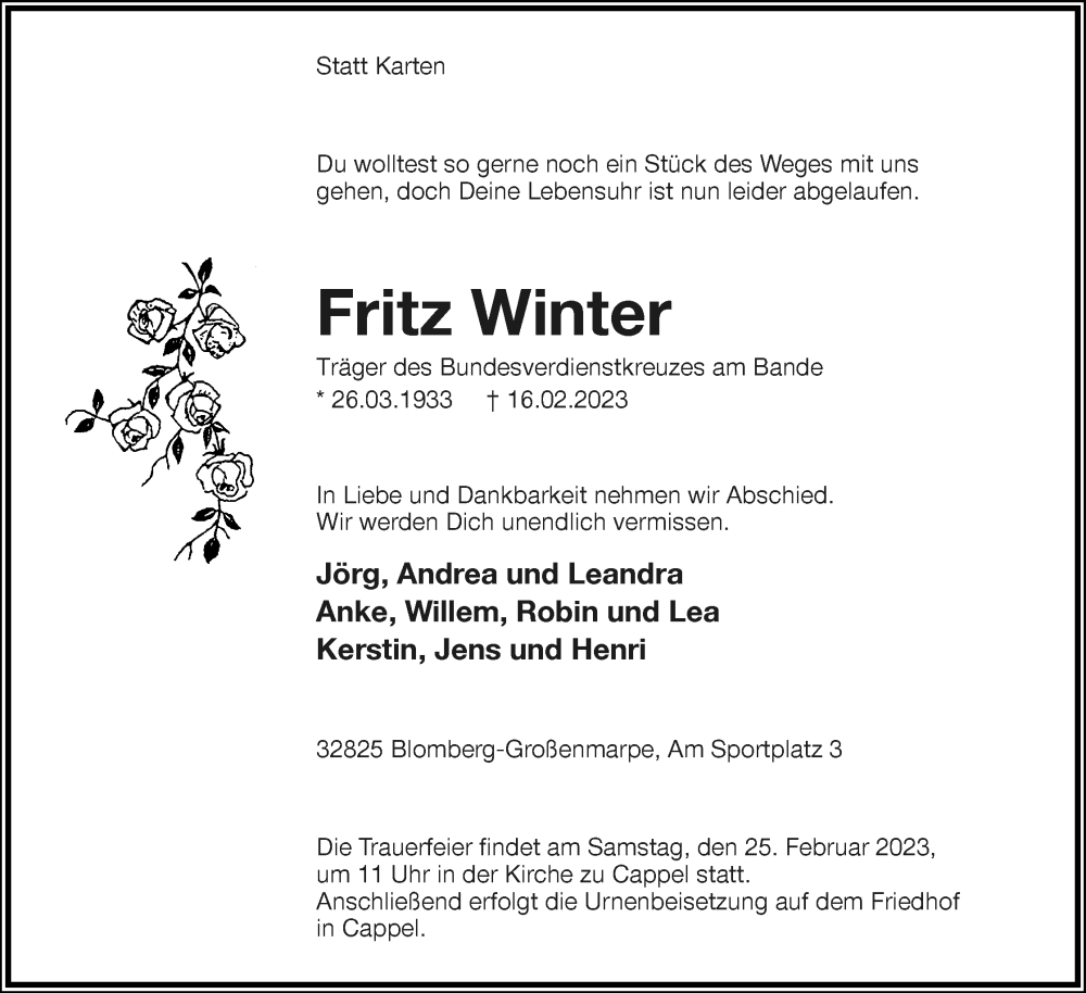  Traueranzeige für Fritz Winter vom 18.02.2023 aus Lippische Landes-Zeitung
