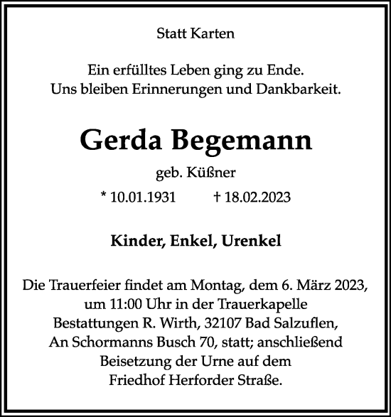 Anzeige  Gerda Begemann  Lippische Landes-Zeitung