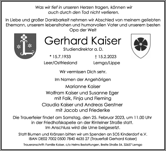 Anzeige  Gerhard Kaiser  Lippische Landes-Zeitung