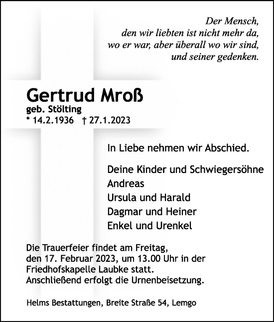 Anzeige  Gertrud Mroß  Lippische Landes-Zeitung