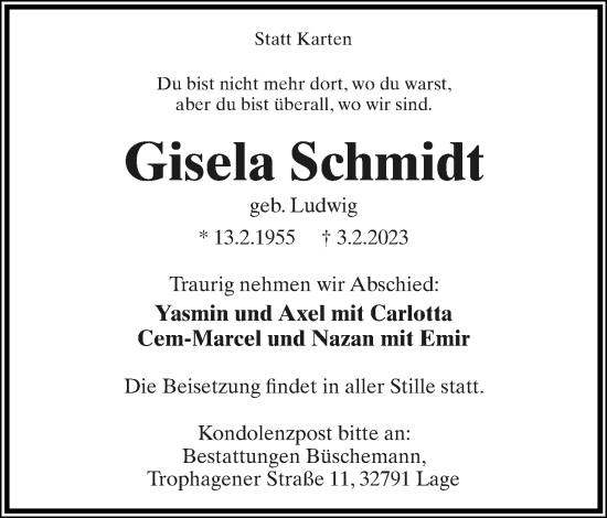 Anzeige  Gisela Schmidt  Lippische Landes-Zeitung