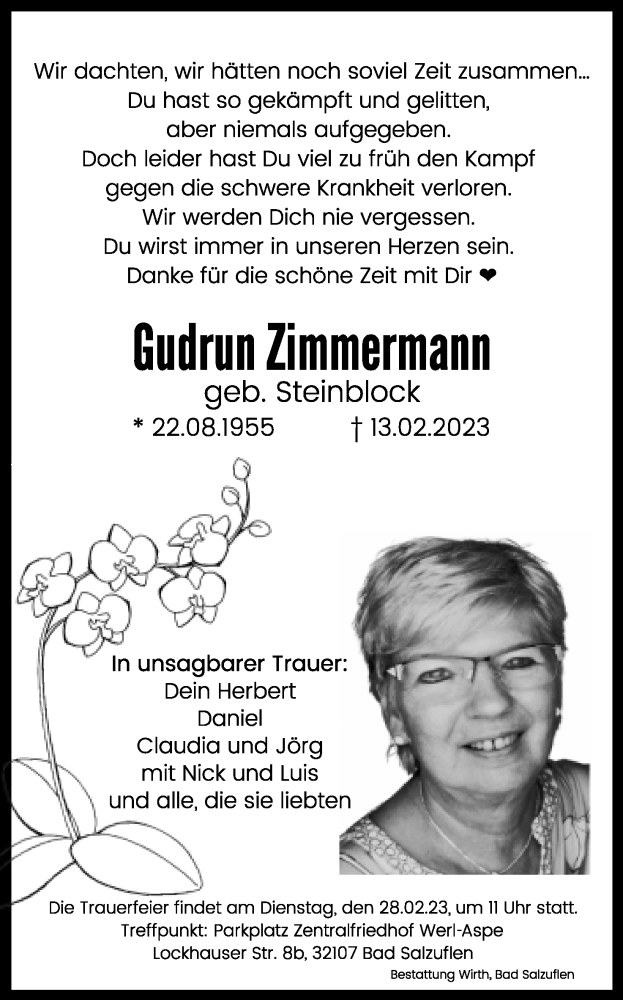  Traueranzeige für Gudrun Zimmermann vom 18.02.2023 aus Lippische Landes-Zeitung