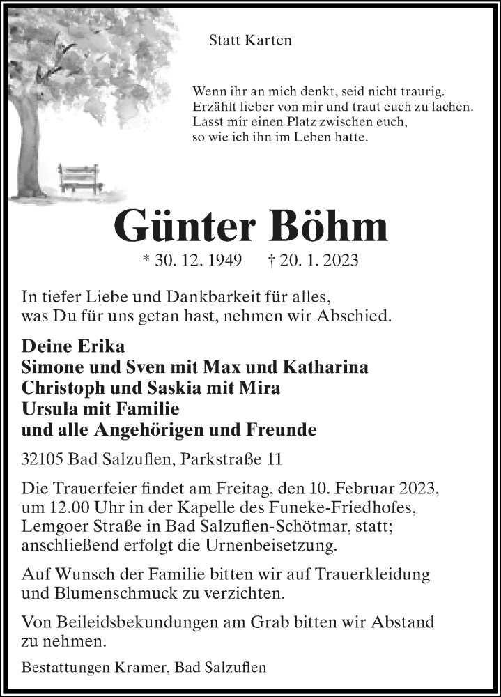  Traueranzeige für Günter Böhm vom 04.02.2023 aus Lippische Landes-Zeitung