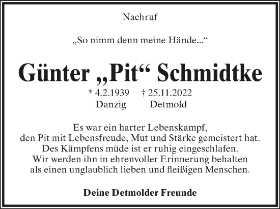 Anzeige  Günter Schmidtke  Lippische Landes-Zeitung