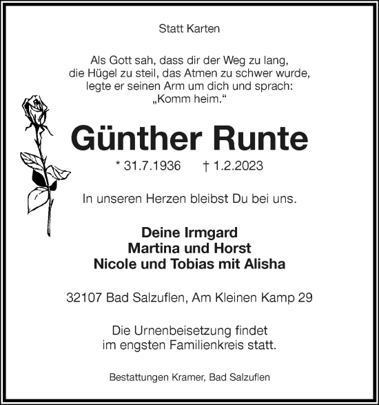 Anzeige  Günther Runte  Lippische Landes-Zeitung